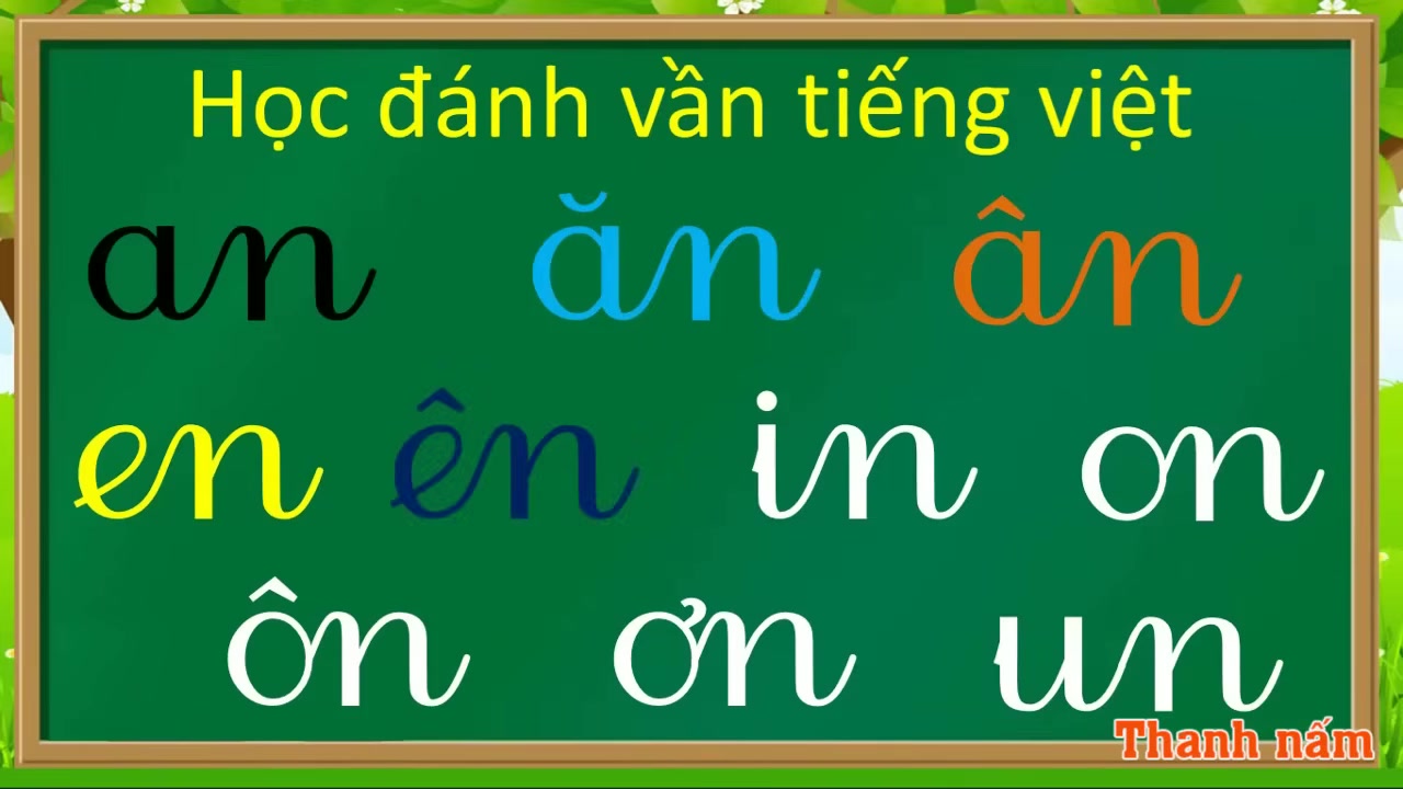 Hình ảnh minh họa các vần "anh", "ôn", "em" xuất hiện trên màn hình giúp bé nhận diện mặt chữ.