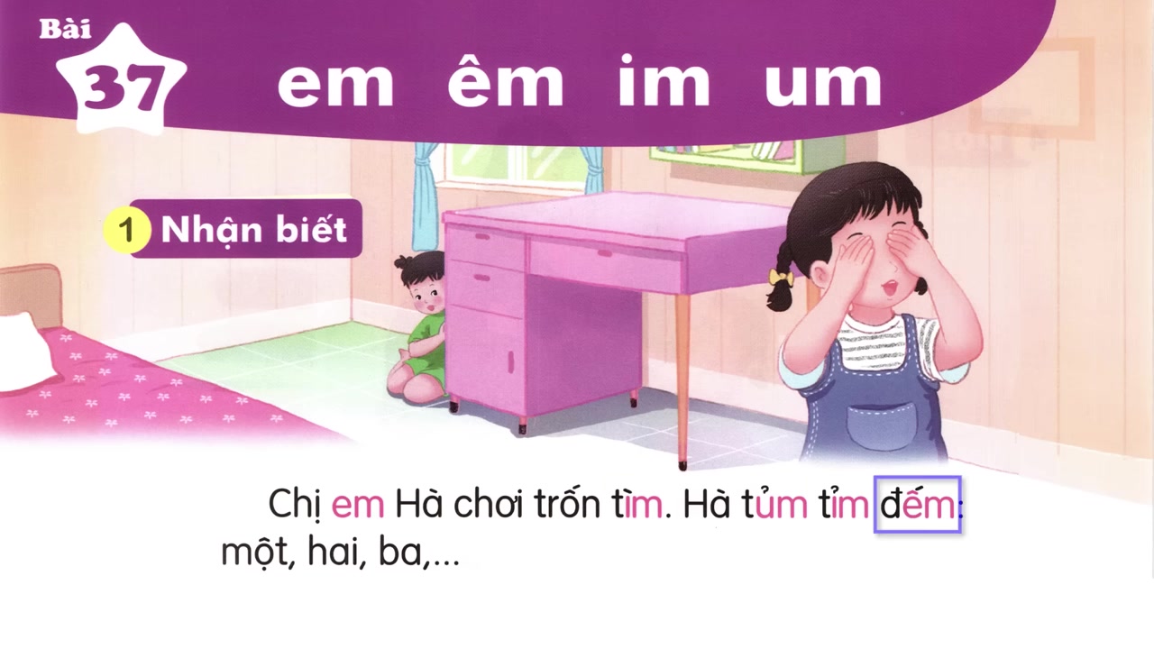 Hình ảnh minh họa và cách đánh vần chi tiết cho bốn vần em, êm, im, um.