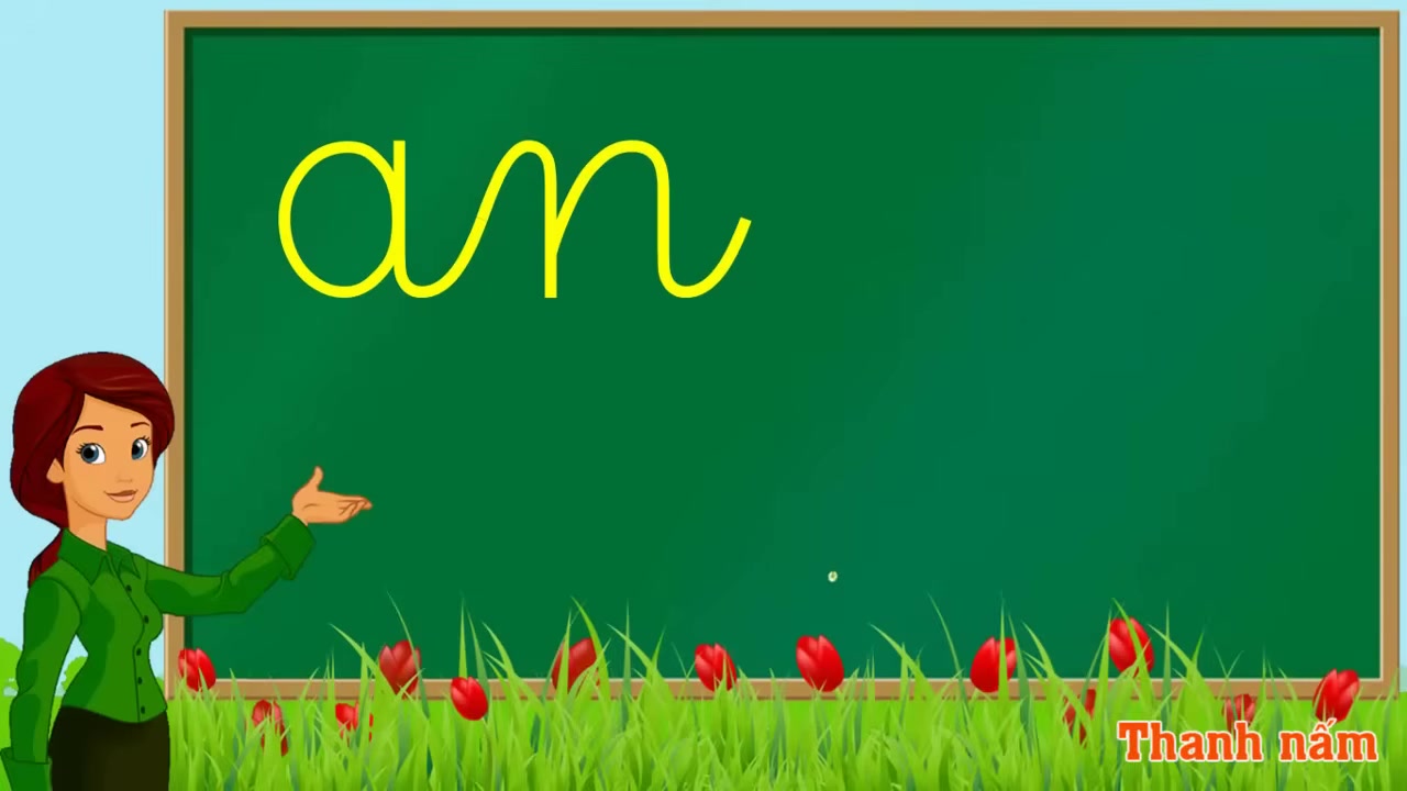 Cô giáo chỉ vào từ "lanh" được viết to, rõ ràng trên màn hình, hướng dẫn bé đánh vần.