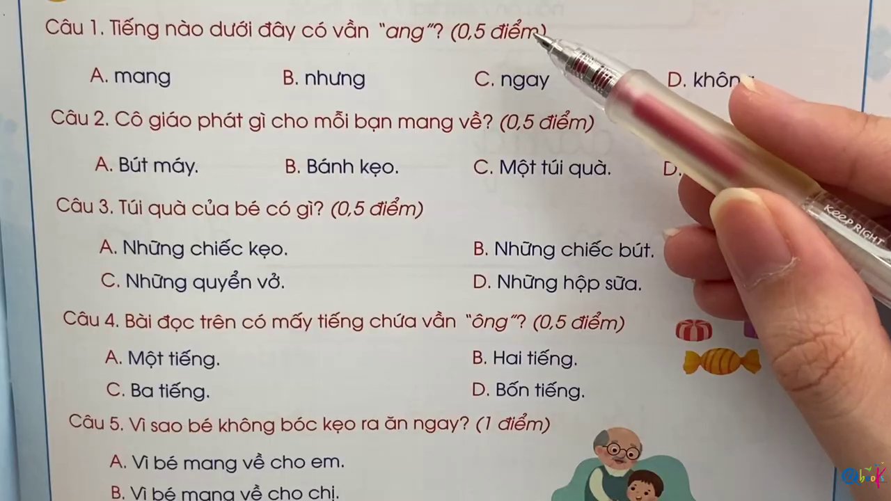 Giao diện phần câu hỏi trắc nghiệm đọc hiểu với các lựa chọn A, B, C, D.