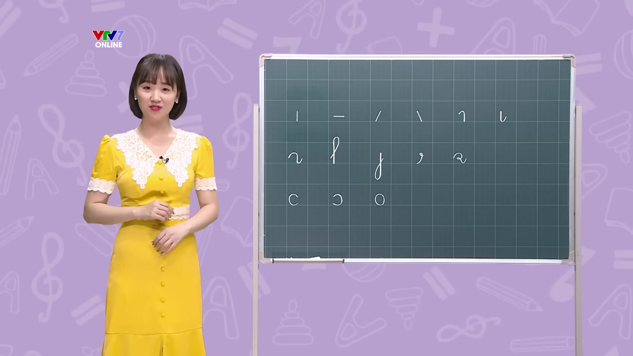 Hình ảnh minh họa chi tiết các nét cơ bản: nét ngang, nét sổ, nét móc... trên bảng đen.