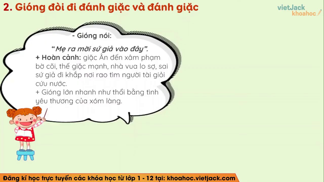 Cảnh tượng tráng sĩ Gióng cưỡi ngựa sắt phun lửa, dùng roi sắt và cả khóm tre để quật tan quân giặc.