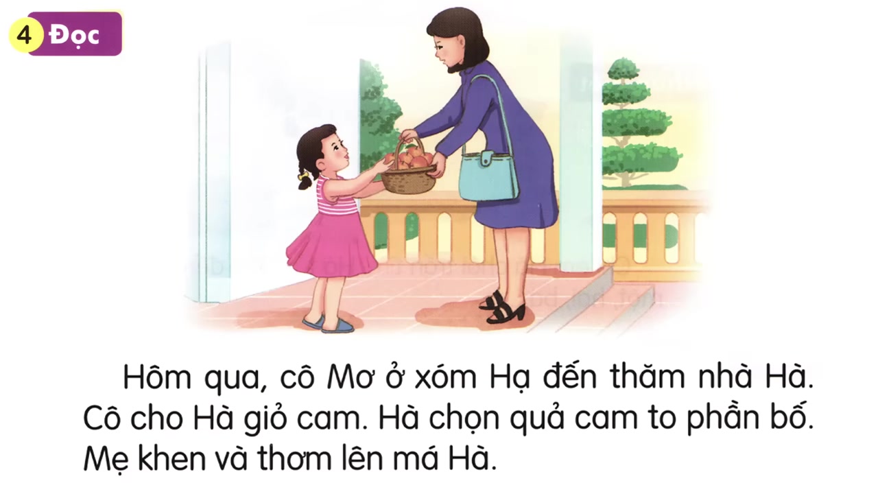 Tranh minh họa cô Mơ và bé Hà trong bài đọc.