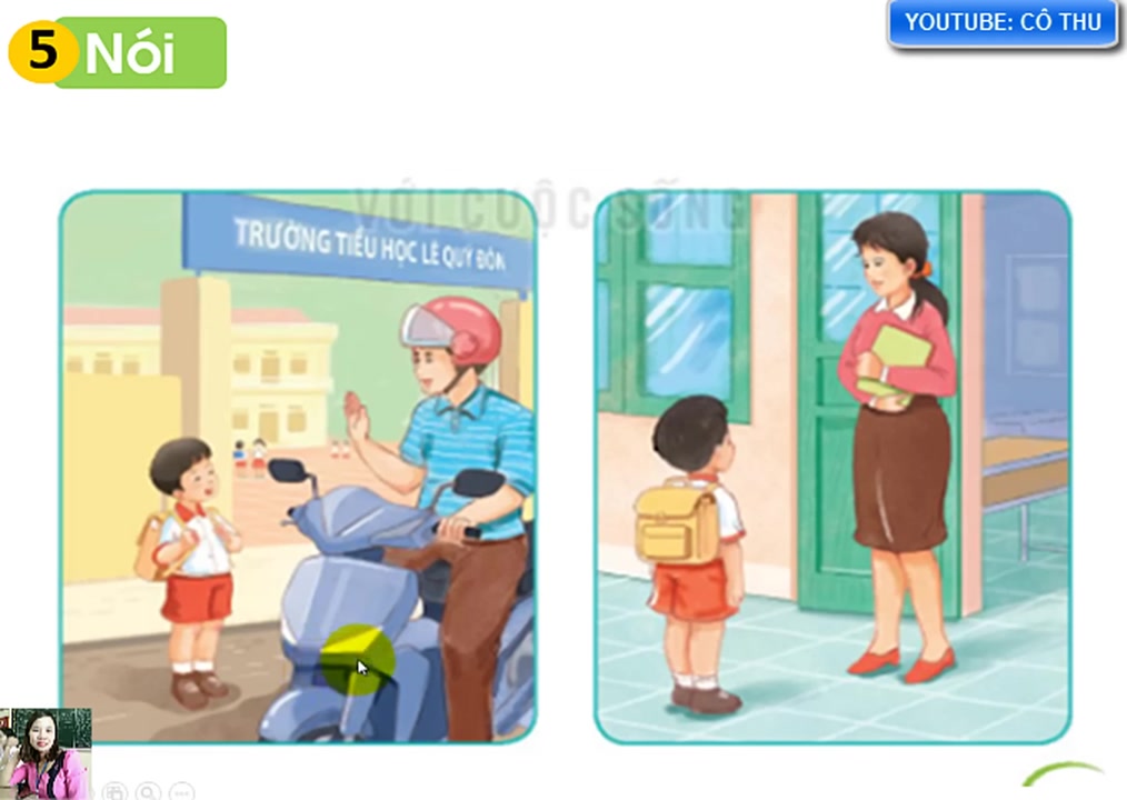 Tranh vẽ cảnh bạn Nam lễ phép chào cô giáo ở cửa lớp học.