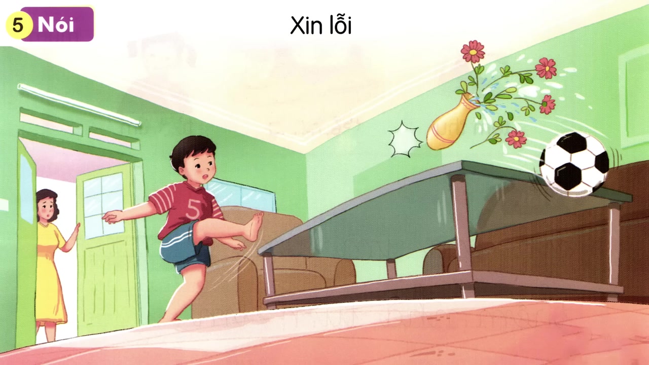 Tranh vẽ bạn Nam làm vỡ chậu hoa khi chơi bóng trong nhà.