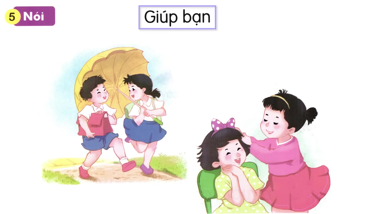 Hình ảnh bạn nhỏ giúp bạn cài nơ lên tóc - một hành động giúp đỡ nhỏ nhưng đầy ý nghĩa.