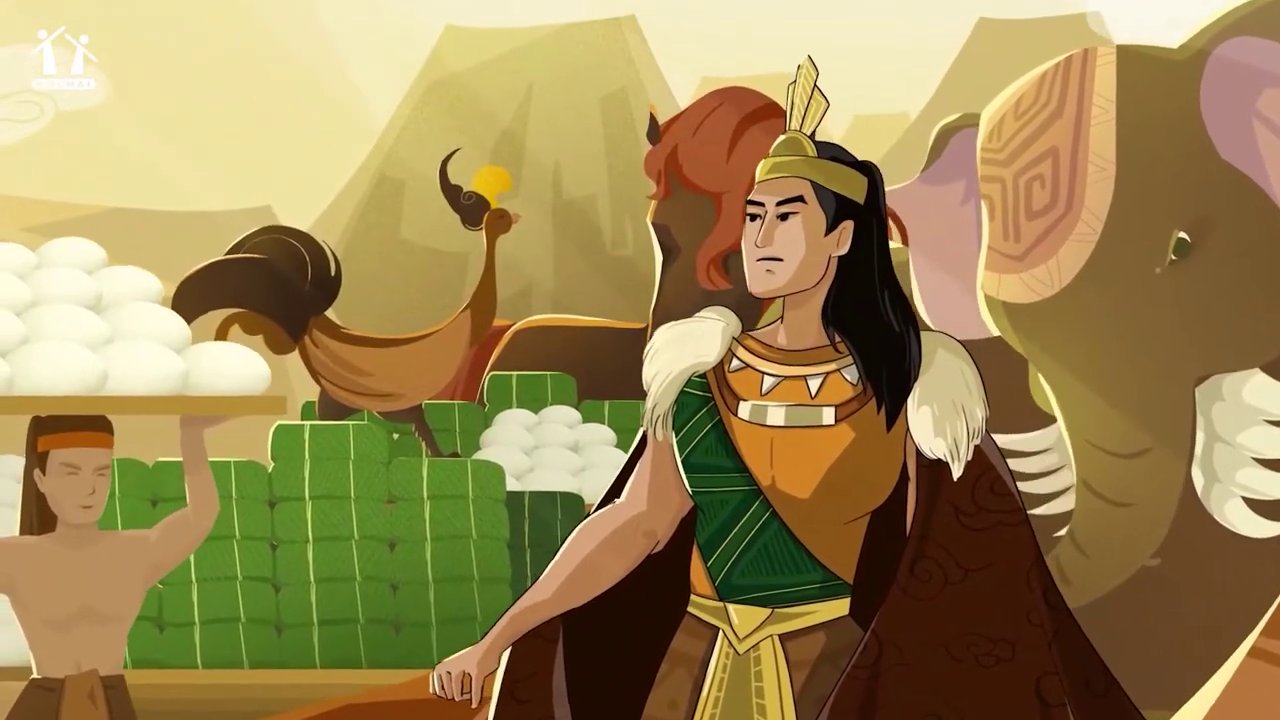 Cảnh Sơn Tinh dẫn đầu đoàn tùy tùng mang đầy đủ sính lễ quý giá đến trước cung điện vua Hùng.