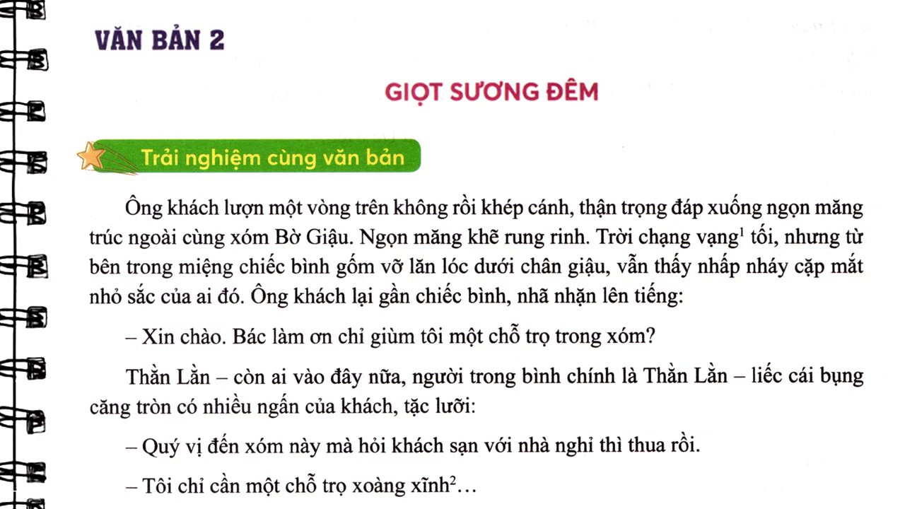 Trang sách Ngữ Văn lớp 6 mở ra bài đọc "Giọt sương đêm".