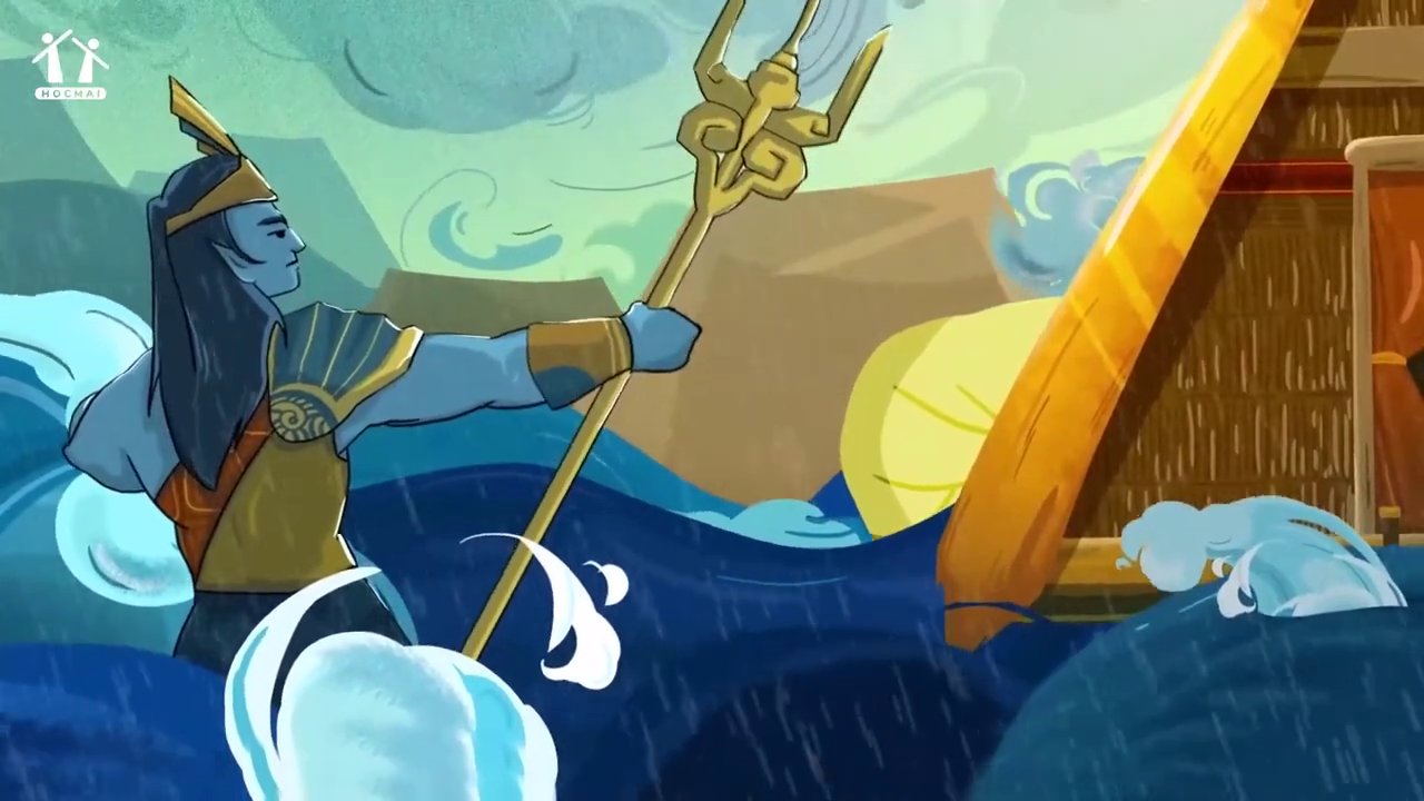 Cảnh Thủy Tinh giận dữ, hô phong hoán vũ, dâng nước từ biển cả tấn công vào đất liền.